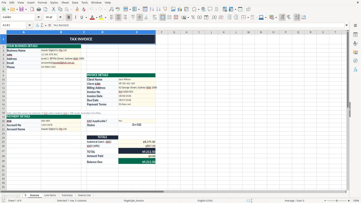 Skärmbild 1: fliken Invoice - Excelmall abn invoice excel template australia
