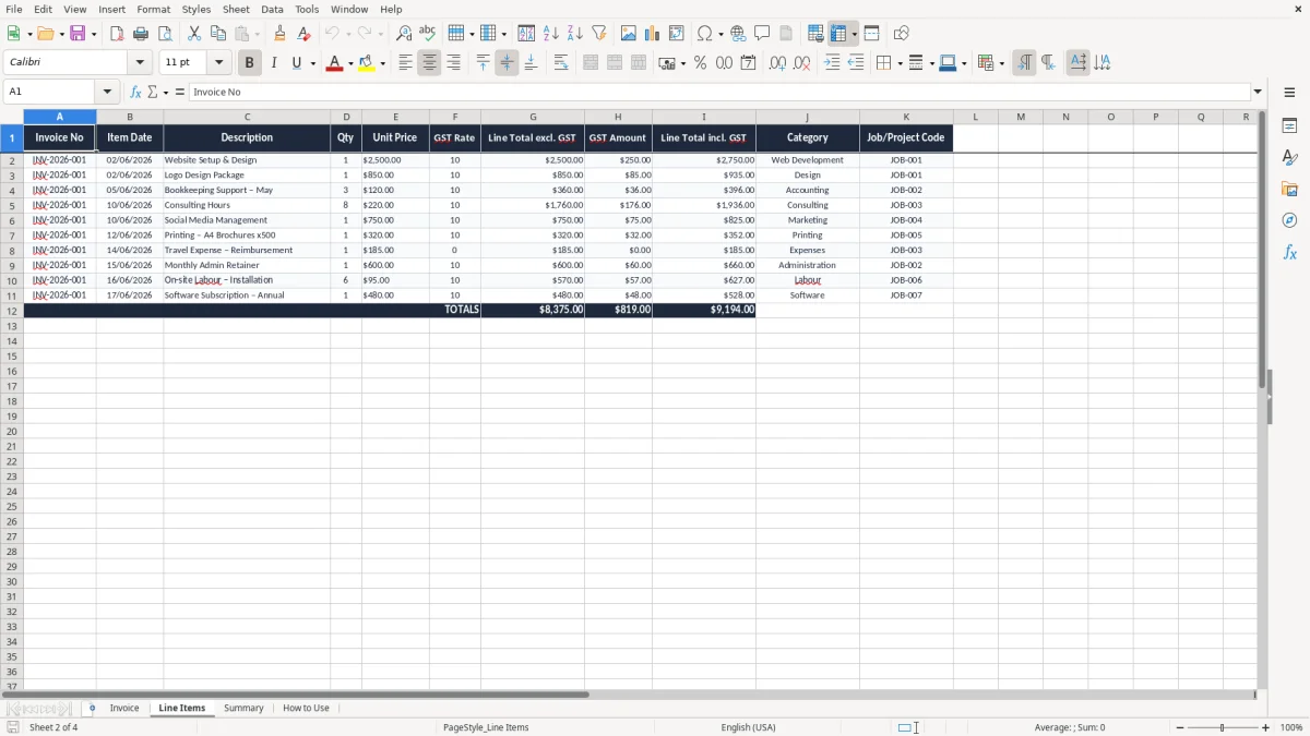 Skärmbild 2: fliken Line Items - Excelmall abn invoice excel template australia