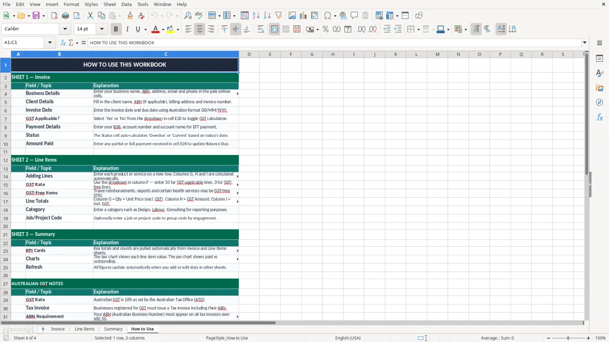 Skärmbild 4: fliken How to Use - Excelmall abn invoice excel template australia
