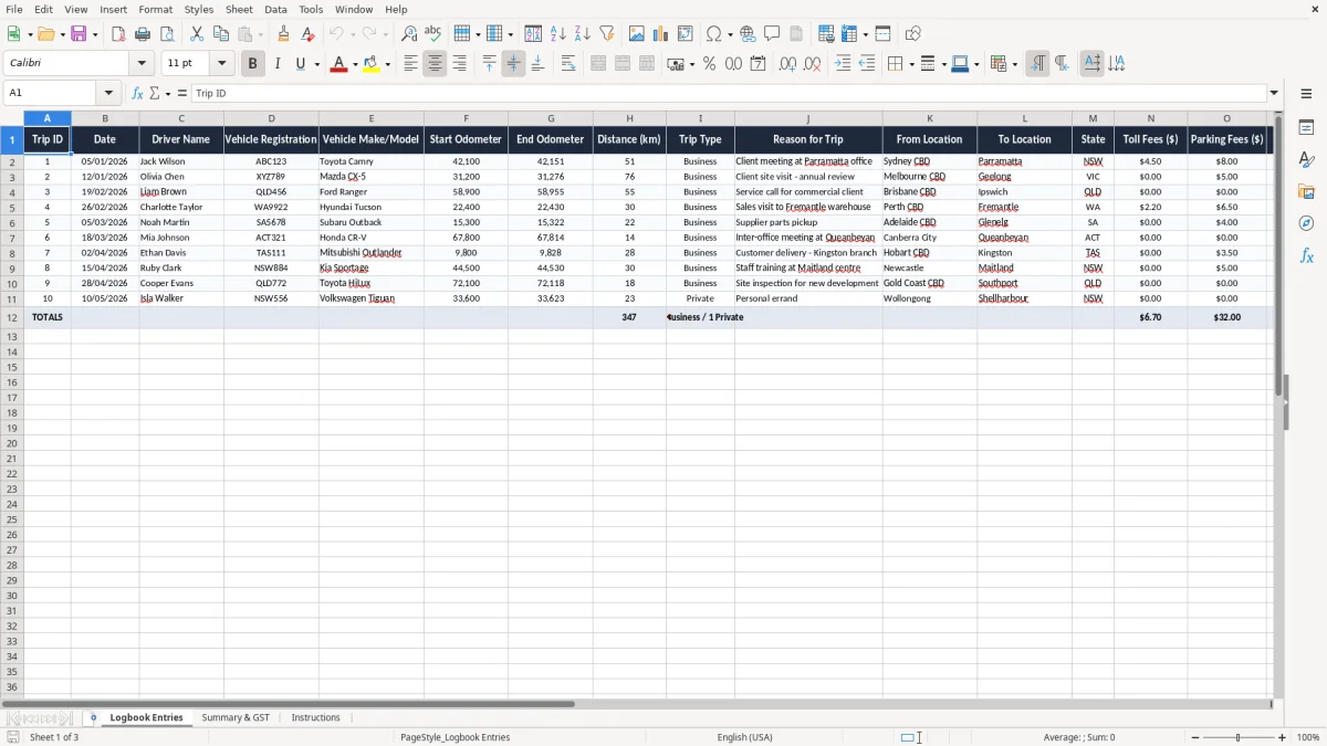 Screenshot 1: Logbook Entries tab - Excel template ato logbook method excel spreadsheet australia
