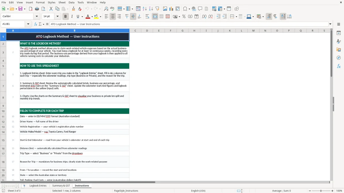 Screenshot 3: Instructions tab - Excel template ato logbook method excel spreadsheet australia