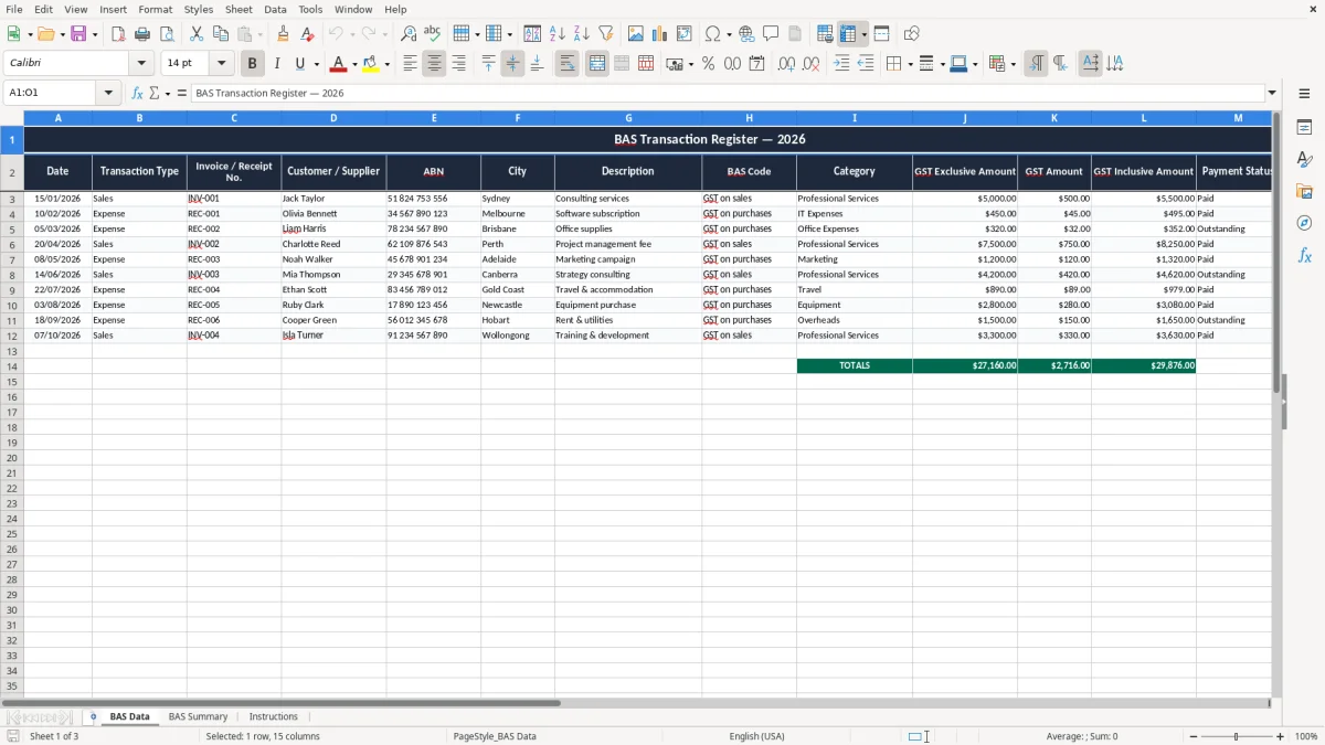 Skärmbild 1: fliken BAS Data - Excelmall bas statement excel spreadsheet australia