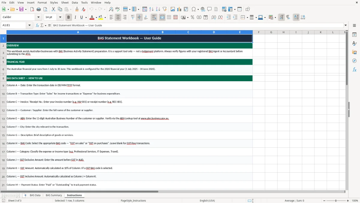 Skärmbild 3: fliken Instructions - Excelmall bas statement excel spreadsheet australia