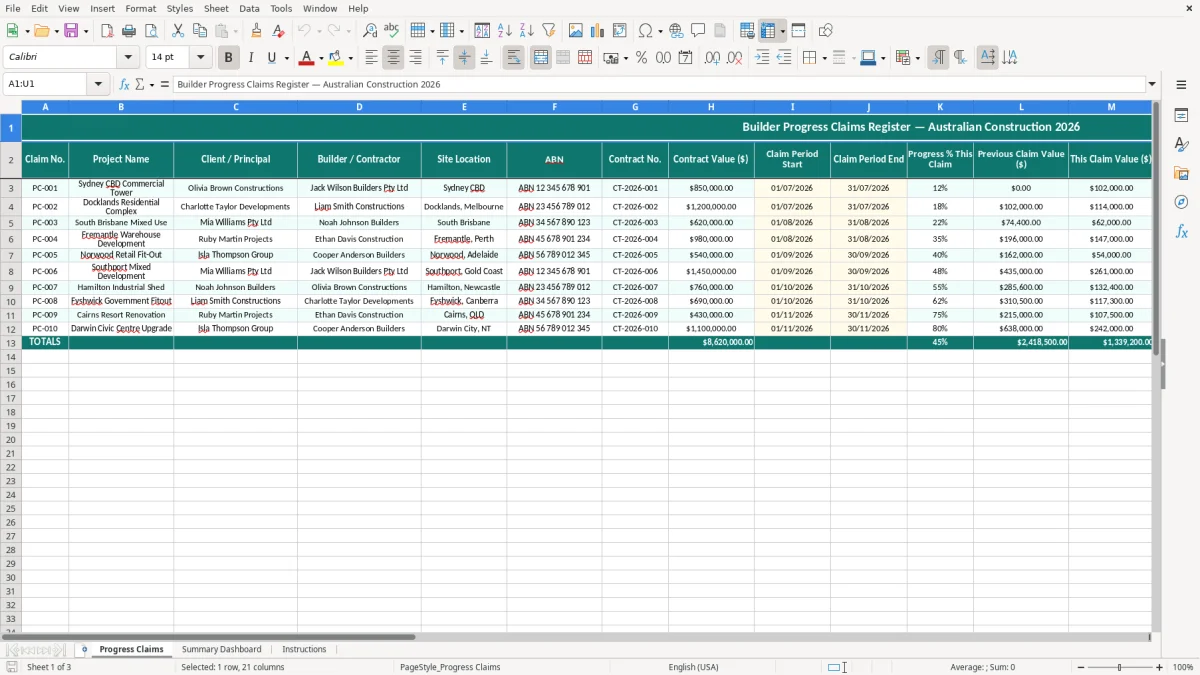 Screenshot 1: Progress Claims tab - Excel template builder progress claim excel template australia