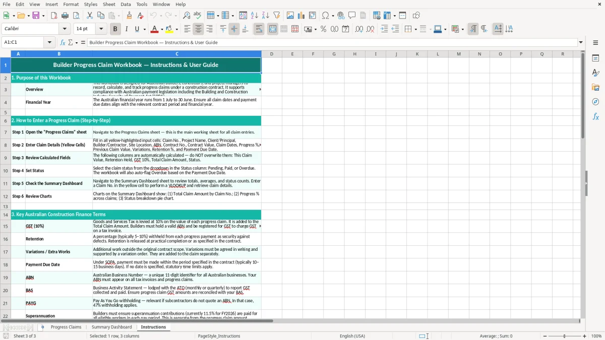 Screenshot 3: Instructions tab - Excel template builder progress claim excel template australia