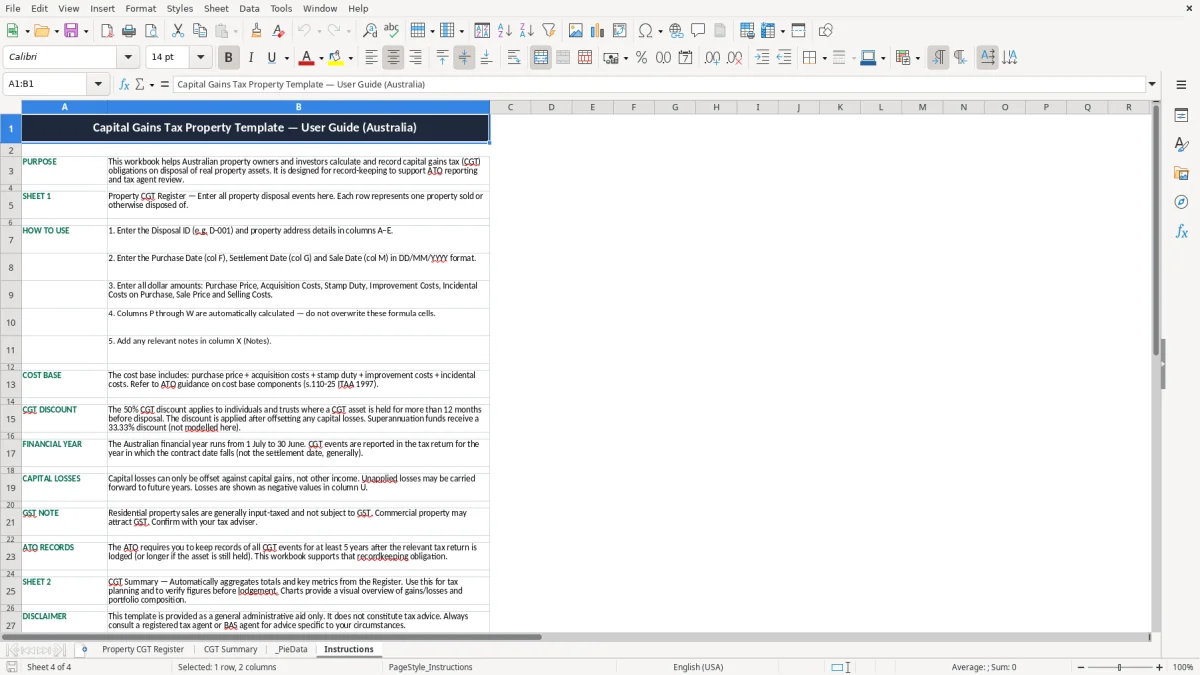 Screenshot 4: Instructions tab - Excel template capital gains tax property excel template australia