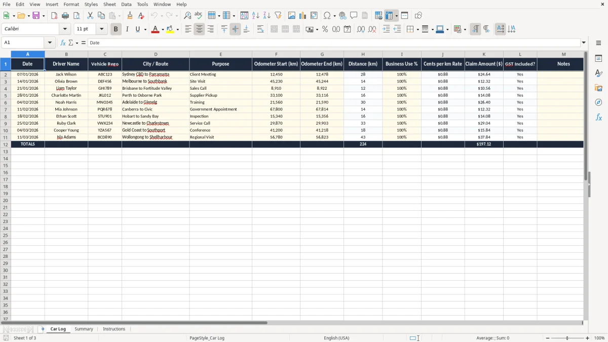 Screenshot 1: Car Log tab - Excel template cents per kilometre log excel template australia