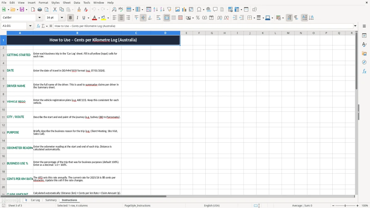 Screenshot 3: Instructions tab - Excel template cents per kilometre log excel template australia