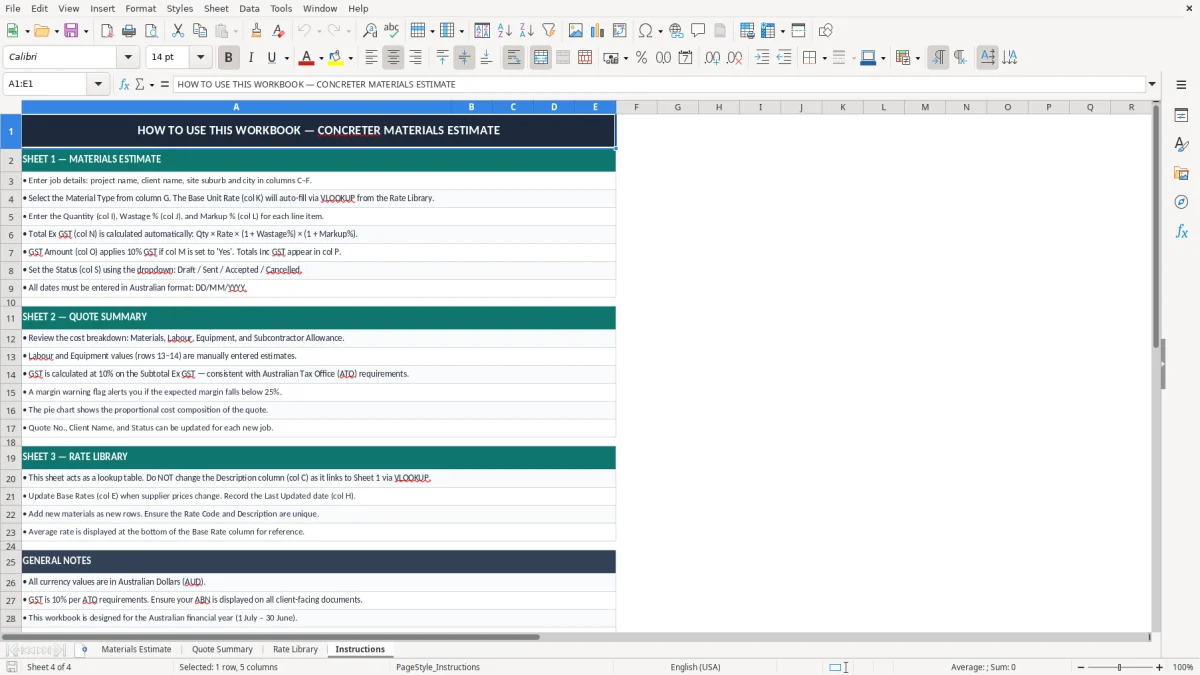 Screenshot 4: Instructions tab - Excel template concreter materials estimate excel spreadsheet australia