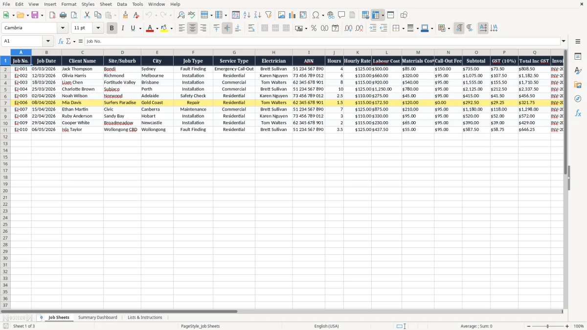 Screenshot 1: Job Sheets tab - Excel template electrician job sheet excel template australia