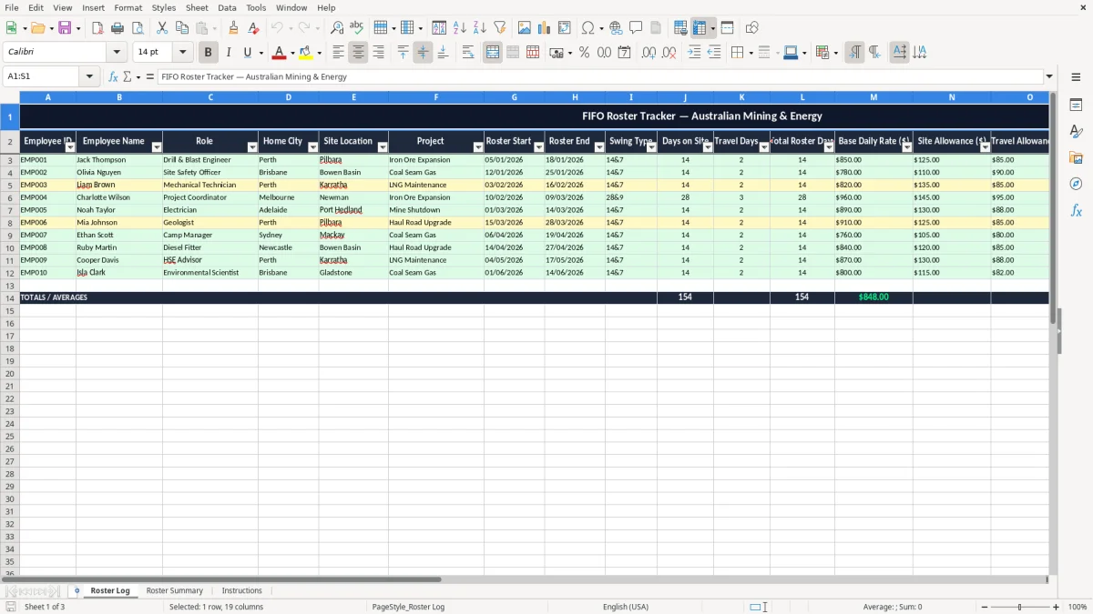 Screenshot 1: Roster Log tab - Excel template fifo roster tracker excel template australia