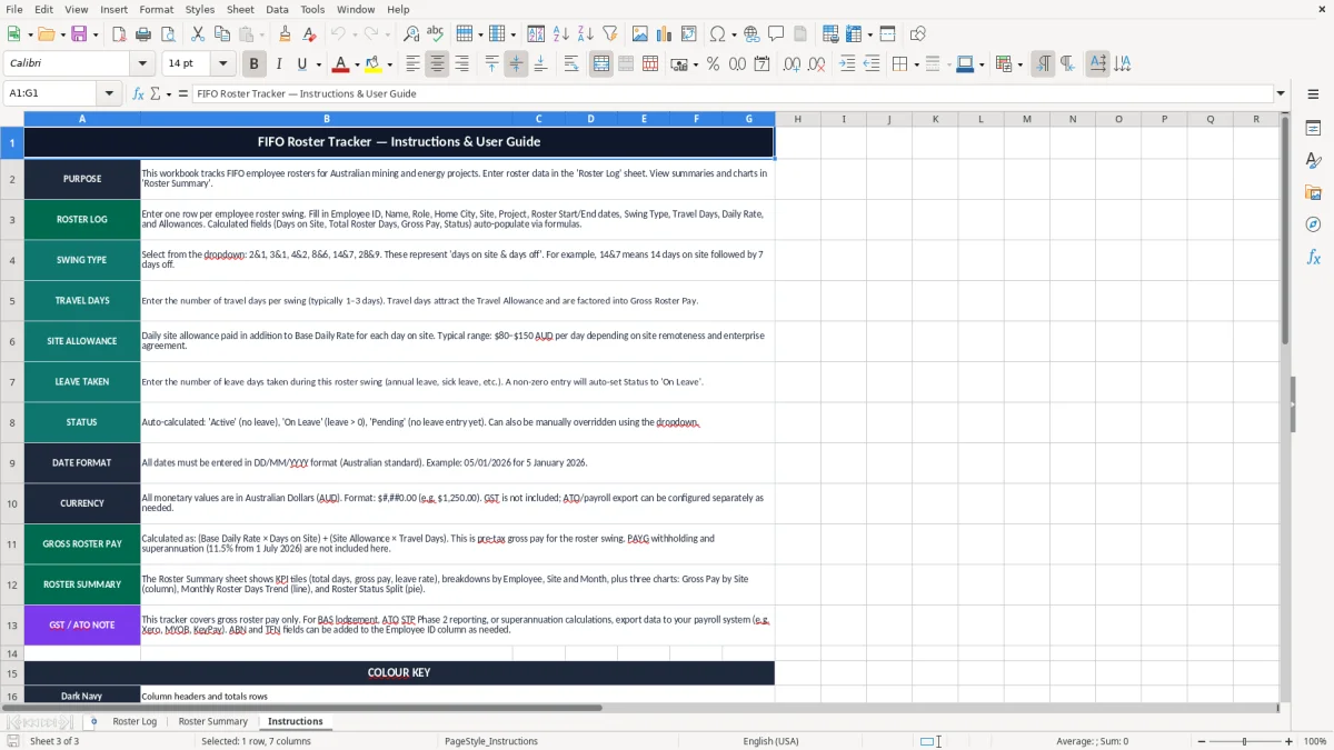Screenshot 3: Instructions tab - Excel template fifo roster tracker excel template australia