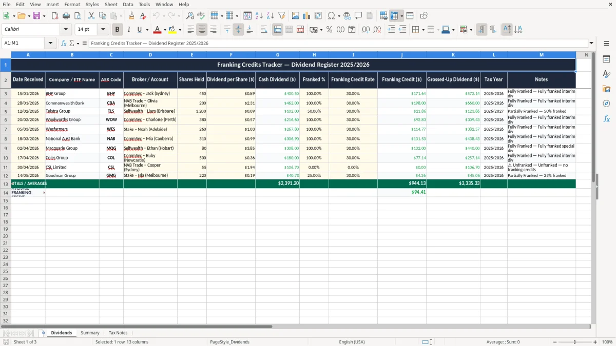 Screenshot 1: Dividends tab - Excel template franking credits tracker excel template australia