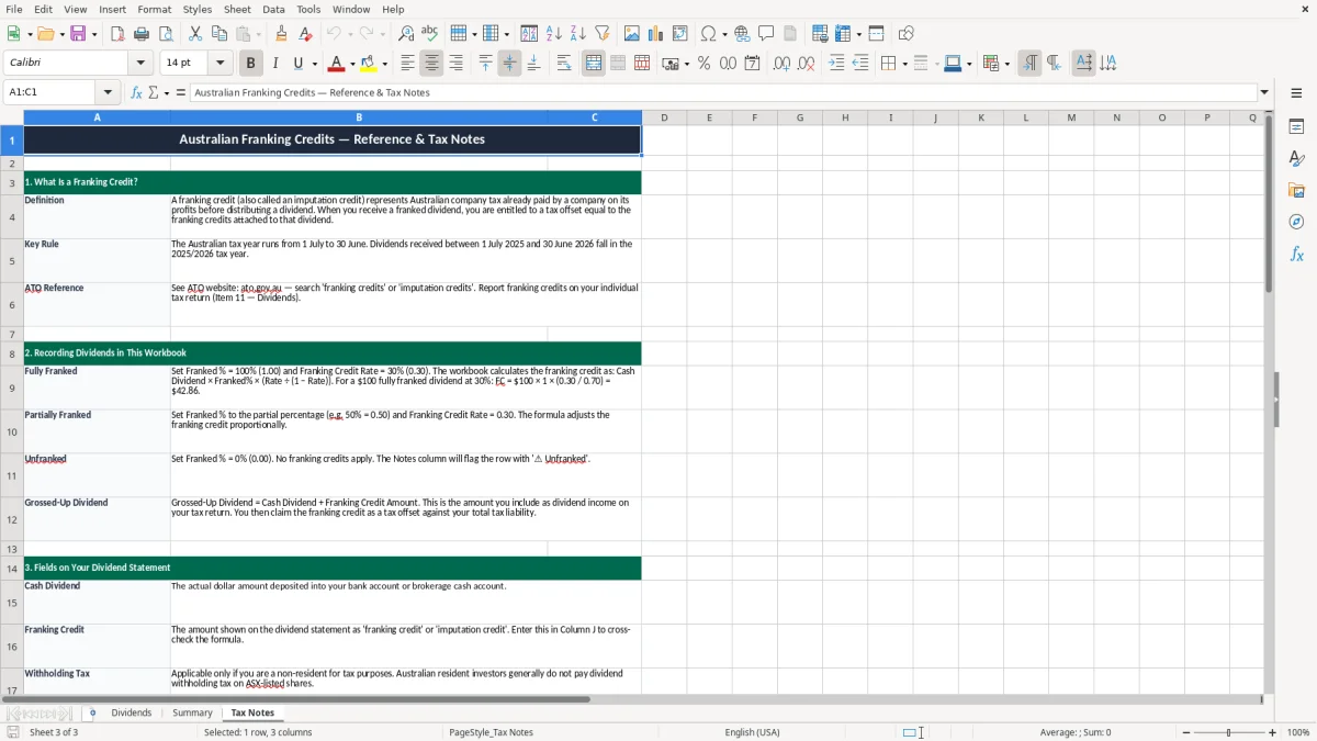 Screenshot 3: Tax Notes tab - Excel template franking credits tracker excel template australia