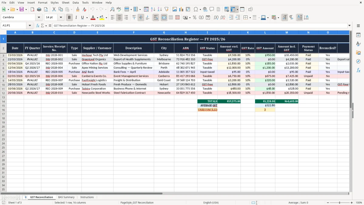 Skärmbild 1: fliken GST Reconciliation - Excelmall gst reconciliation excel template australia