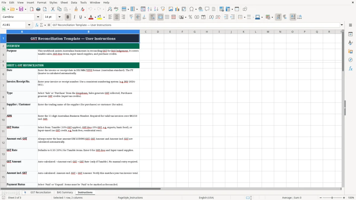 Skärmbild 3: fliken Instructions - Excelmall gst reconciliation excel template australia