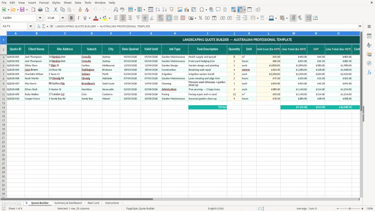 Screenshot 1: Quote Builder tab - Excel template landscaping quote excel template australia