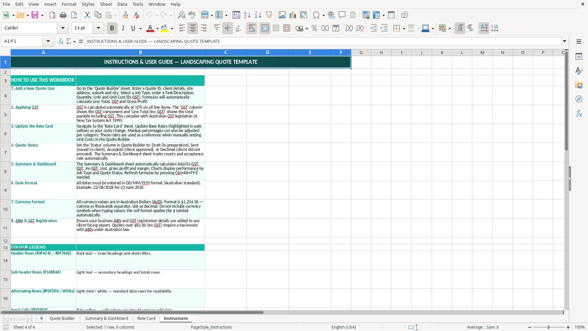 Screenshot 4: Instructions tab - Excel template landscaping quote excel template australia