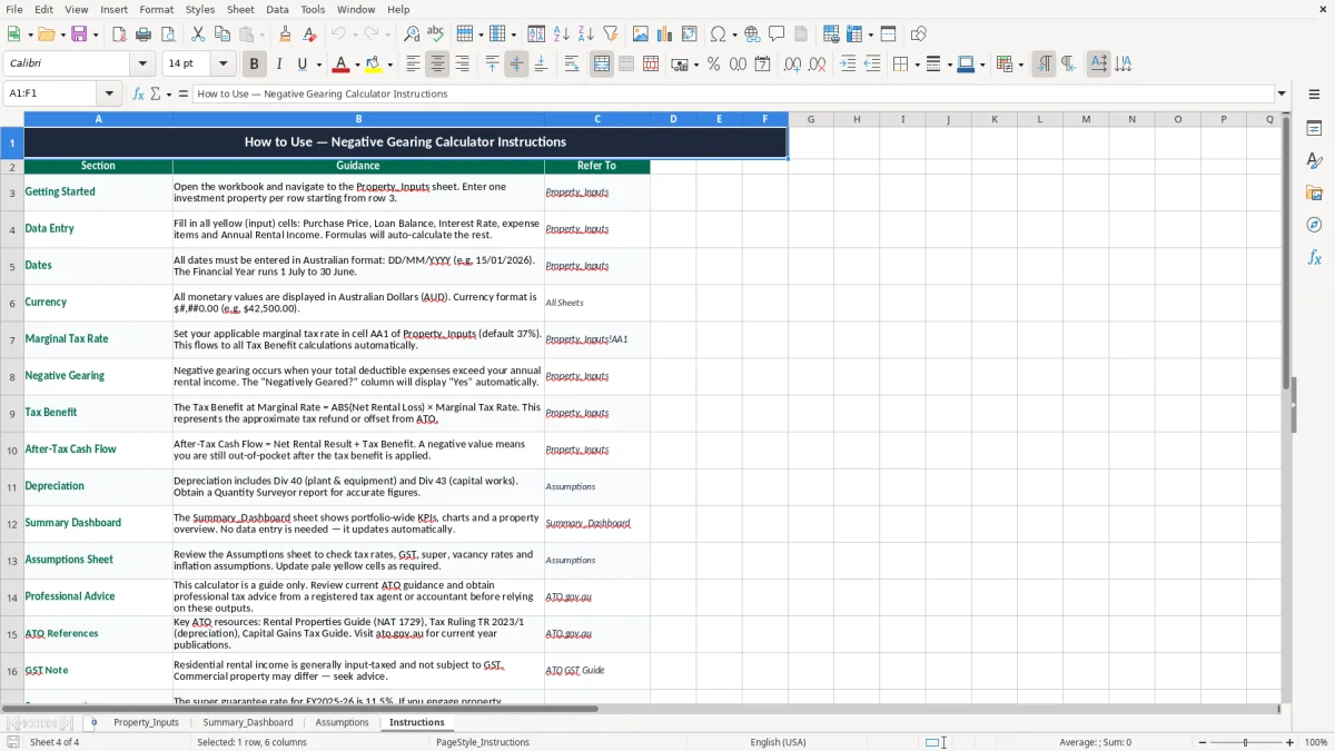 Screenshot 4: Instructions tab - Excel template negative gearing calculator excel spreadsheet australia