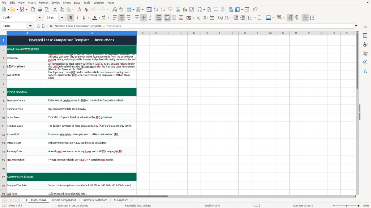 Screenshot 1: Instructions tab - Excel template novated lease comparison excel template australia