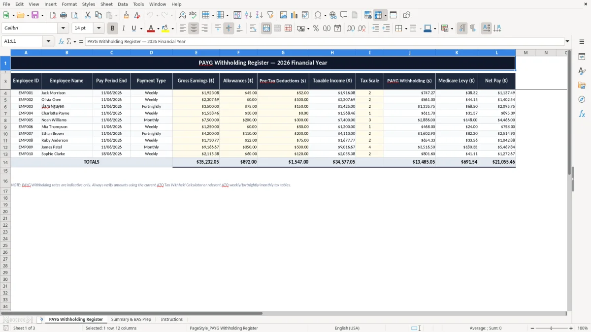 Skärmbild 1: fliken PAYG Withholding Register - Excelmall payg withholding excel spreadsheet australia
