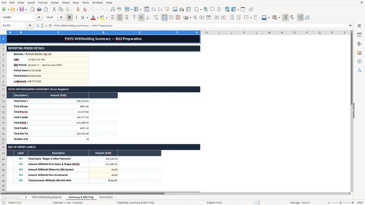 Skärmbild 2: fliken Summary & BAS Prep - Excelmall payg withholding excel spreadsheet australia