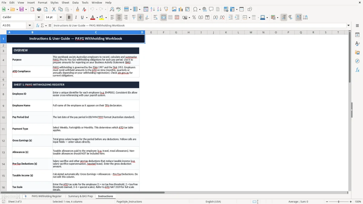 Skärmbild 3: fliken Instructions - Excelmall payg withholding excel spreadsheet australia