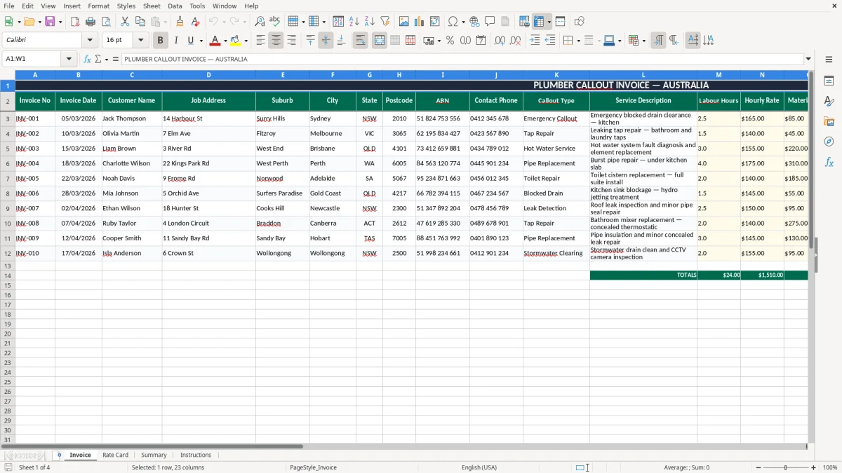 Screenshot 1: Invoice tab - Excel template plumber callout invoice excel spreadsheet australia