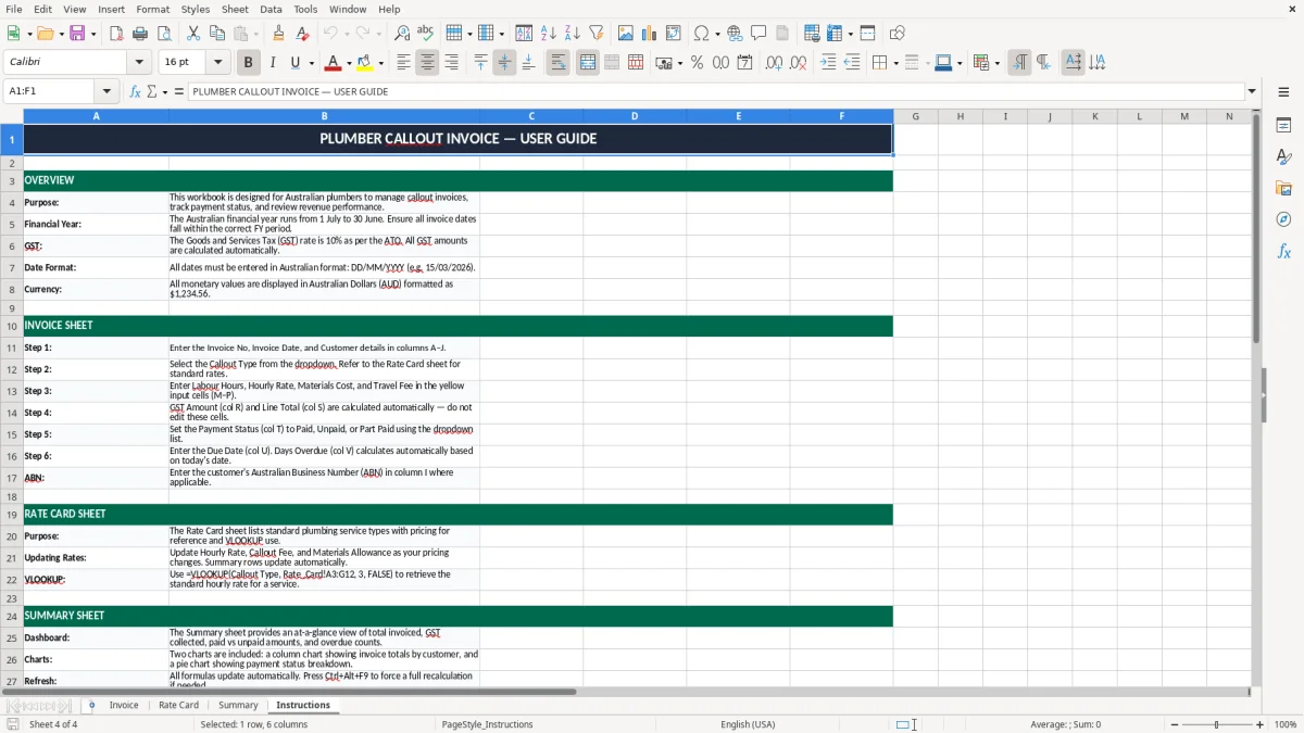Screenshot 4: Instructions tab - Excel template plumber callout invoice excel spreadsheet australia