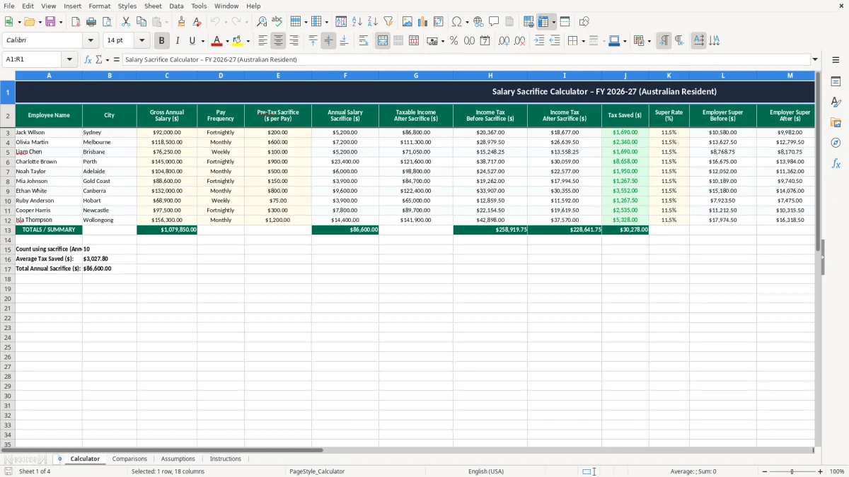 Screenshot 1: Calculator tab - Excel template salary sacrifice calculator excel spreadsheet australia