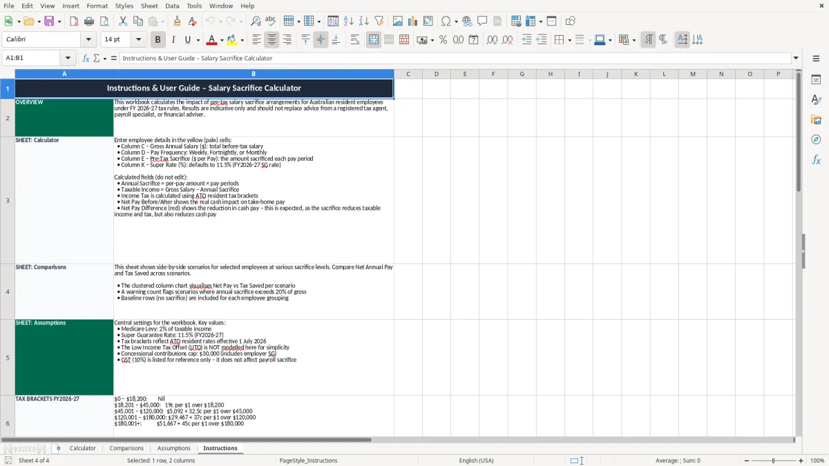 Screenshot 4: Instructions tab - Excel template salary sacrifice calculator excel spreadsheet australia