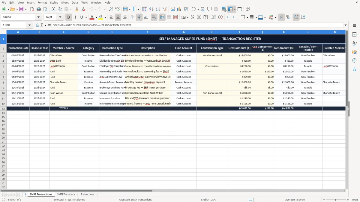 Screenshot 1: SMSF Transactions tab - Excel template self managed super fund excel spreadsheet australia