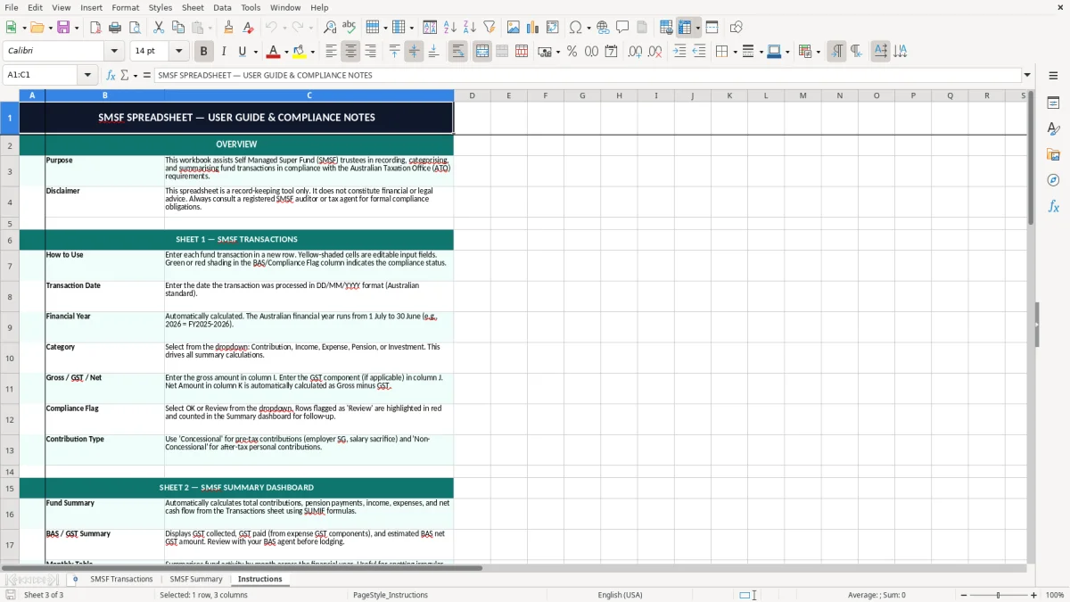 Screenshot 3: Instructions tab - Excel template self managed super fund excel spreadsheet australia