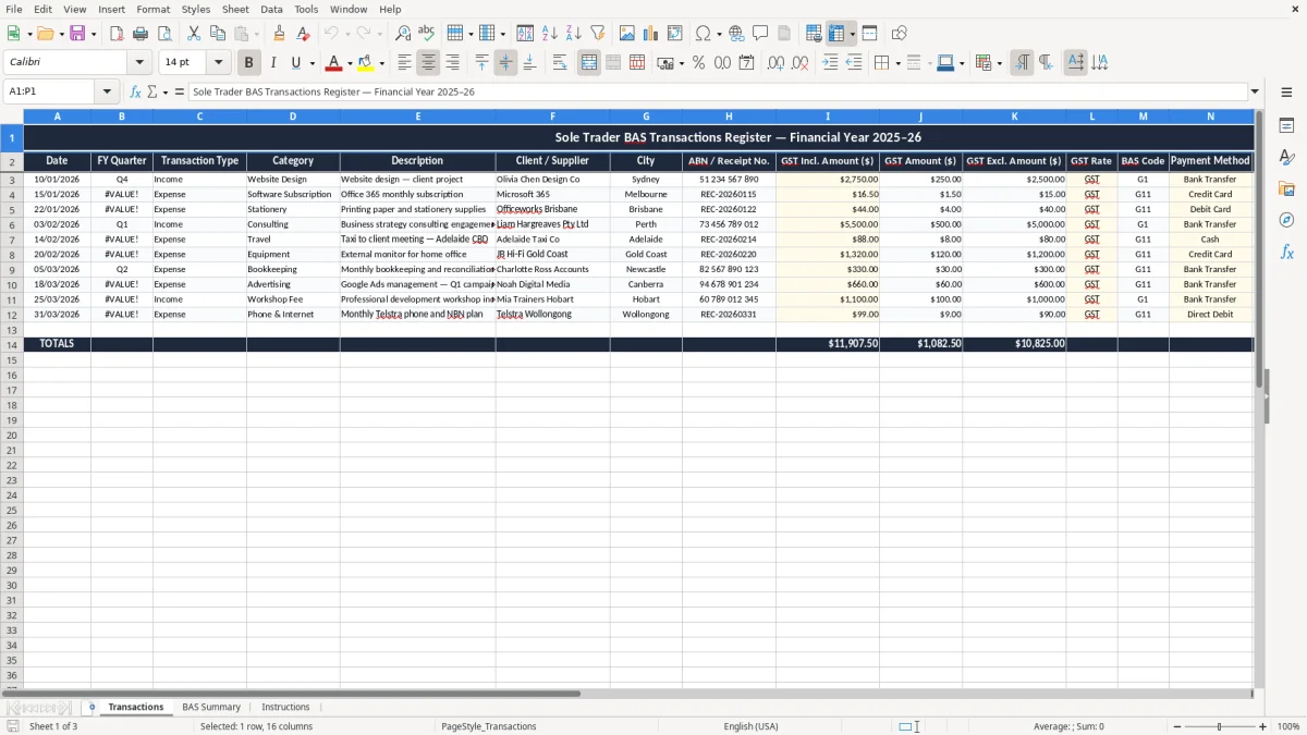 Screenshot 1: Transactions tab - Excel template sole trader bas excel spreadsheet australia
