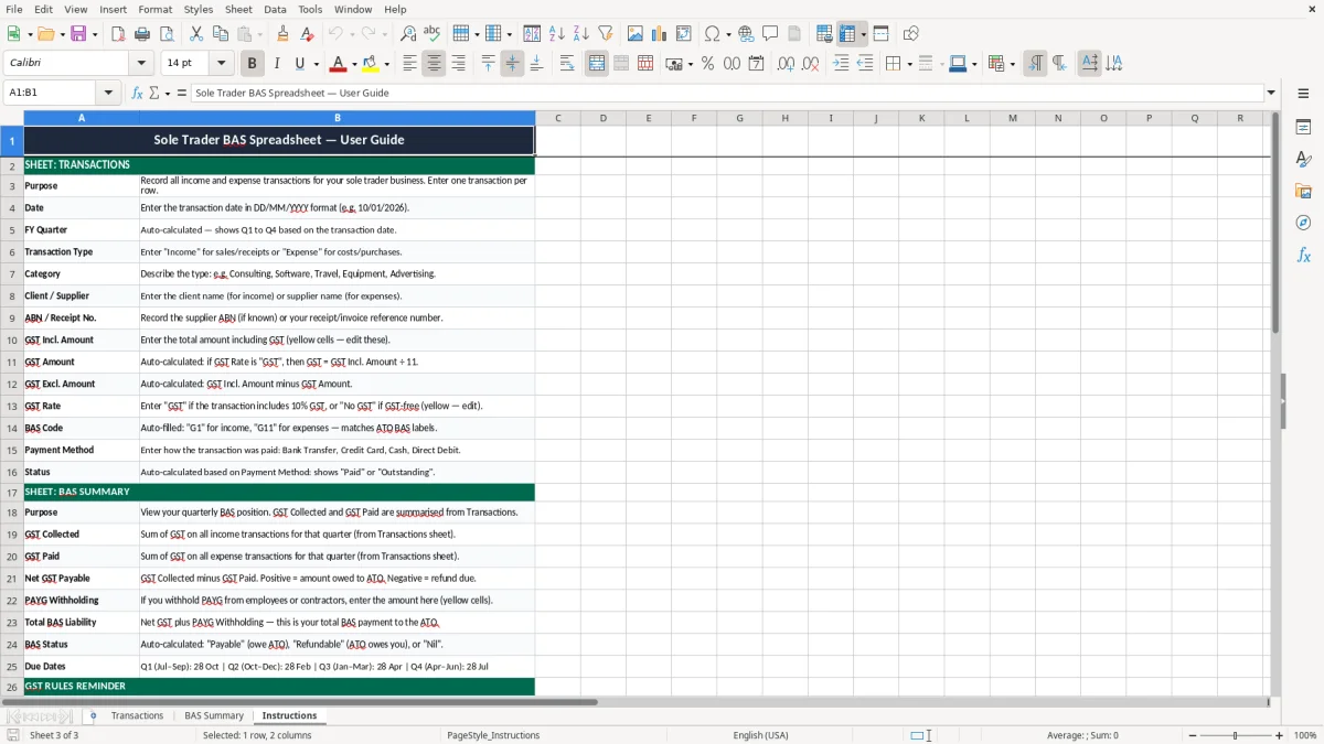 Screenshot 3: Instructions tab - Excel template sole trader bas excel spreadsheet australia