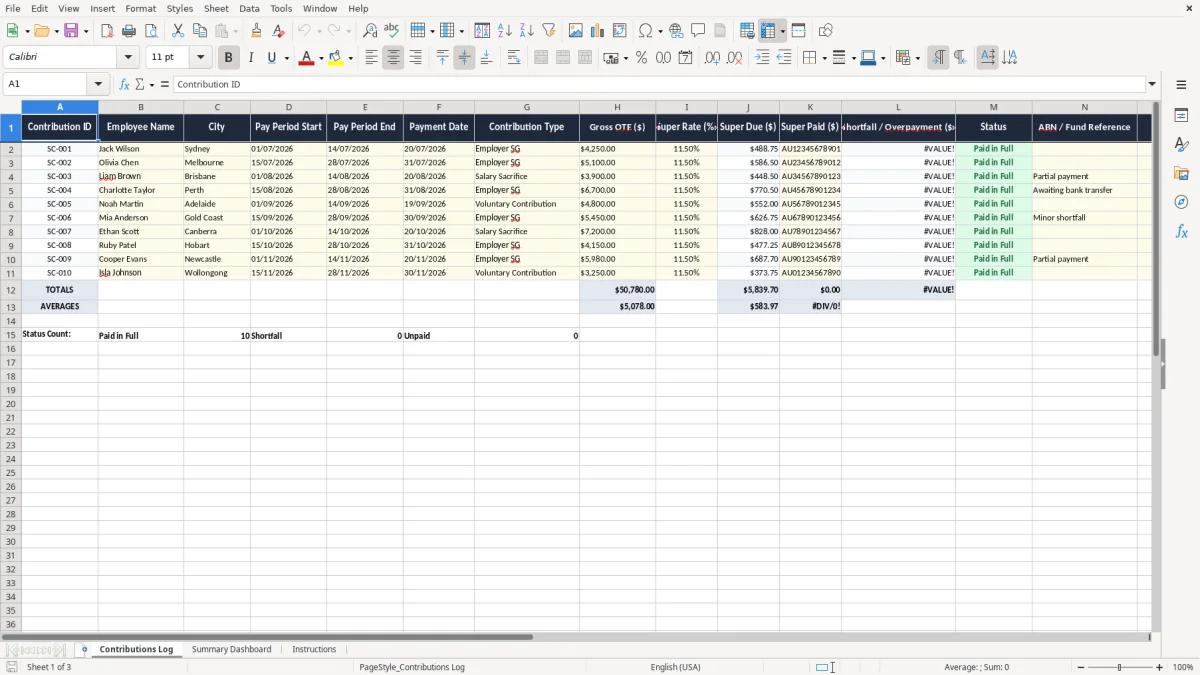 Screenshot 1: Contributions Log tab - Excel template superannuation contributions tracker excel template australia