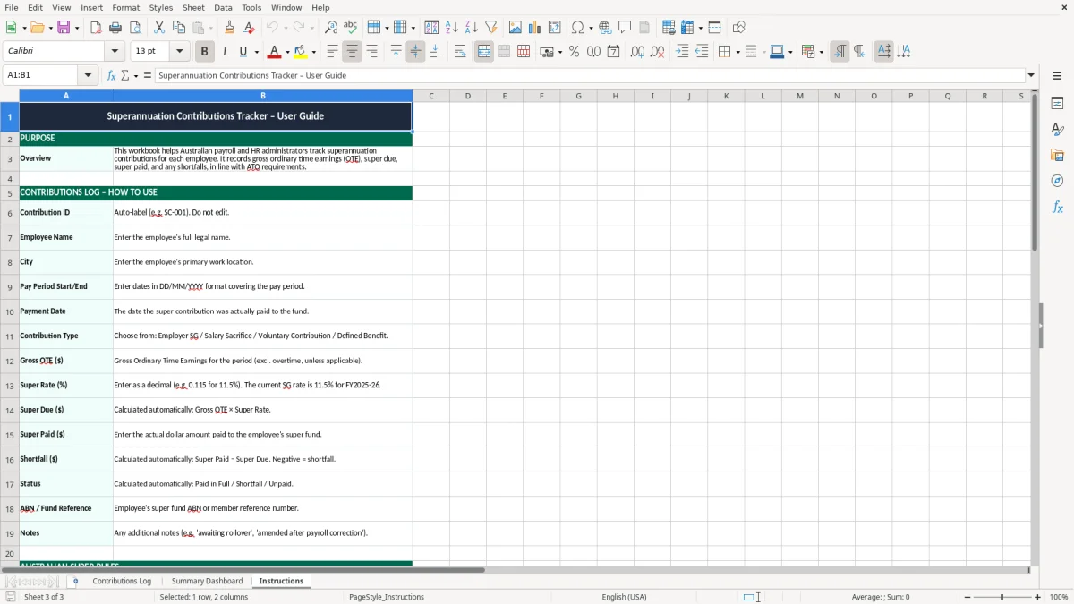 Screenshot 3: Instructions tab - Excel template superannuation contributions tracker excel template australia
