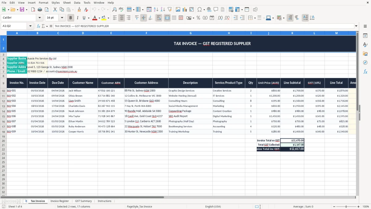 Screenshot 1: Tax Invoice tab - Excel template tax invoice with gst excel template australia