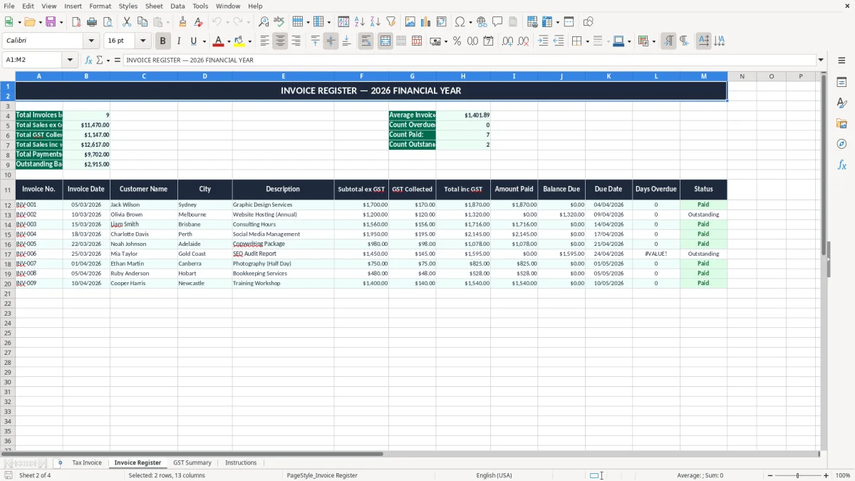 Screenshot 2: Invoice Register tab - Excel template tax invoice with gst excel template australia