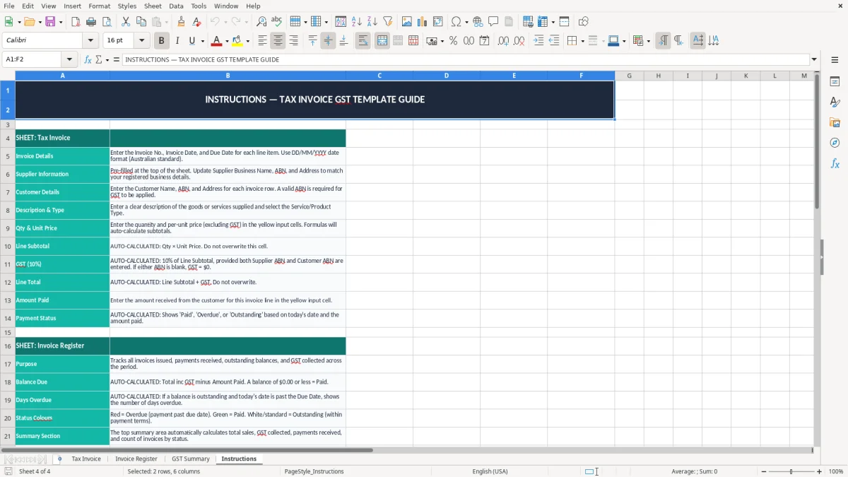 Screenshot 4: Instructions tab - Excel template tax invoice with gst excel template australia