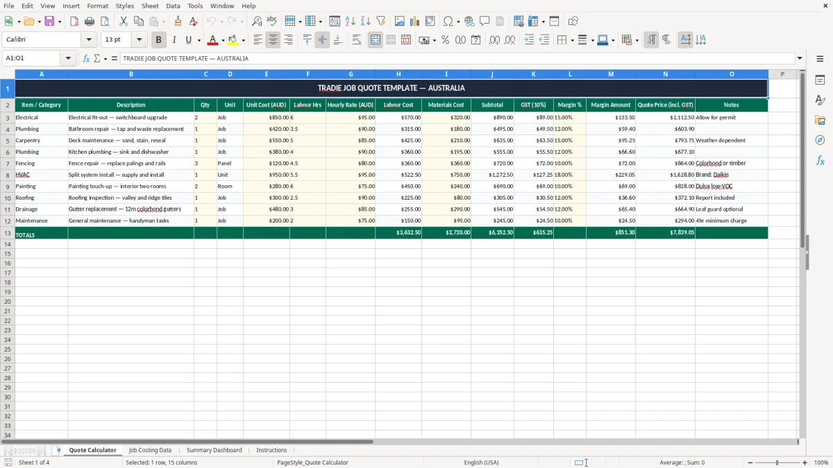 Screenshot 1: Quote Calculator tab - Excel template tradie job quote excel template australia
