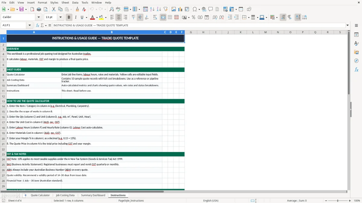 Screenshot 4: Instructions tab - Excel template tradie job quote excel template australia