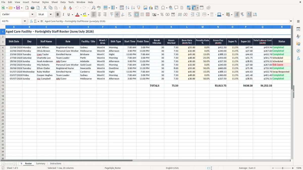 Screenshot 1: Roster tab - Excel template aged care roster excel spreadsheet australia