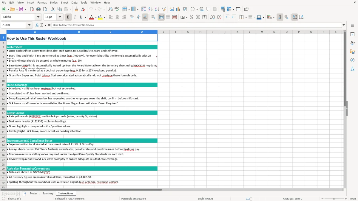 Screenshot 3: Instructions tab - Excel template aged care roster excel spreadsheet australia