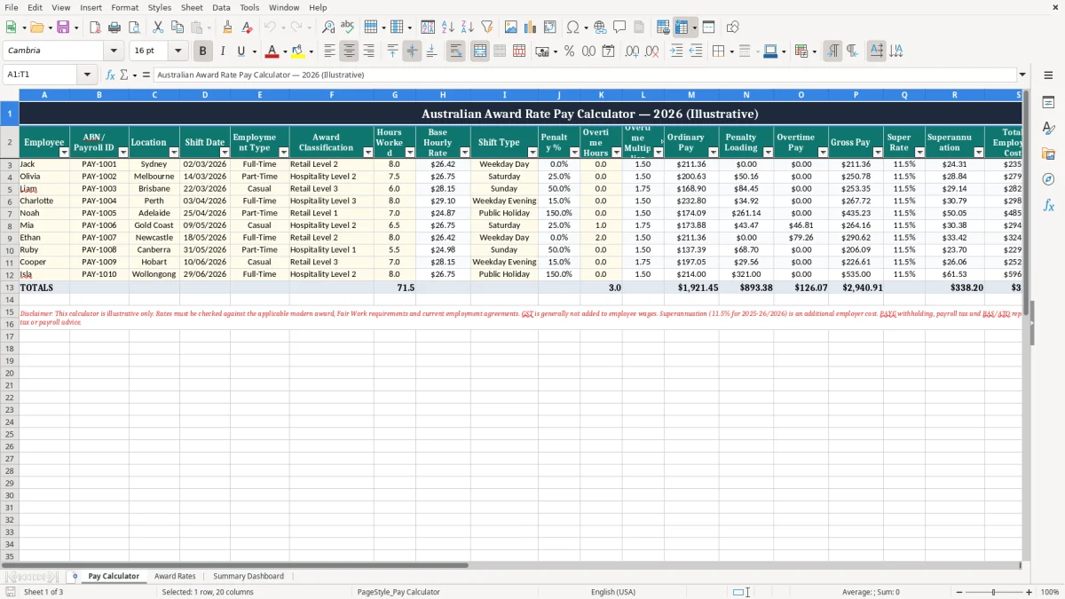 Screenshot 1: Pay Calculator tab - Excel template award rate pay calculator excel template australia