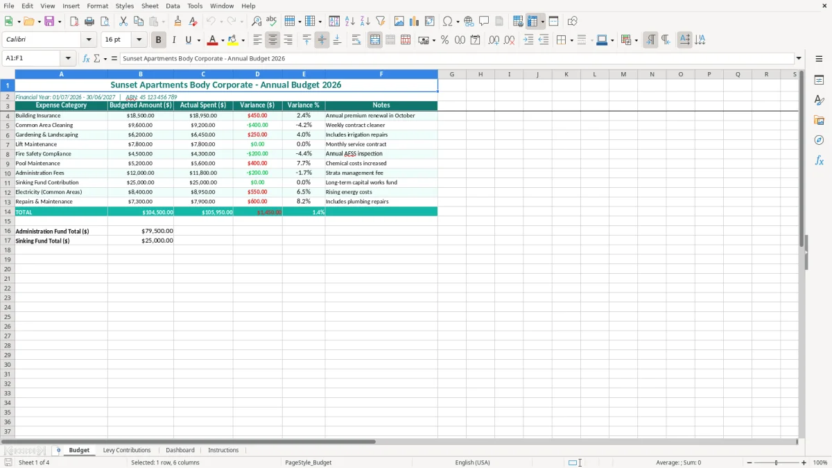 Screenshot 1: Budget tab - Excel template body corporate budget excel spreadsheet australia