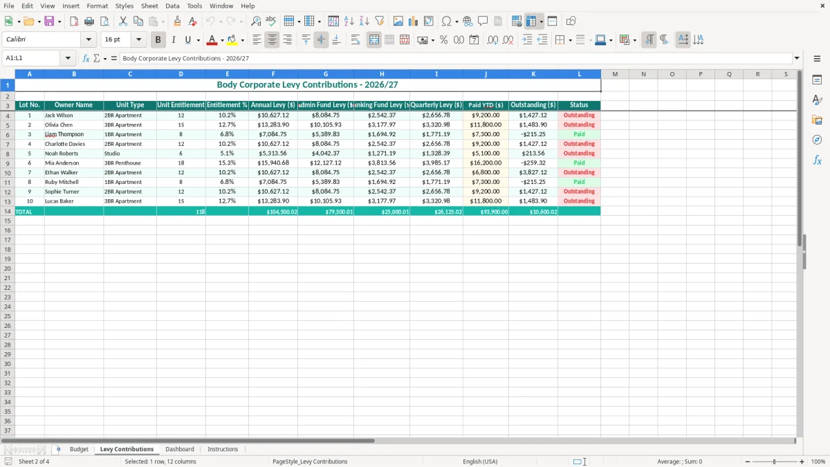 Screenshot 2: Levy Contributions tab - Excel template body corporate budget excel spreadsheet australia