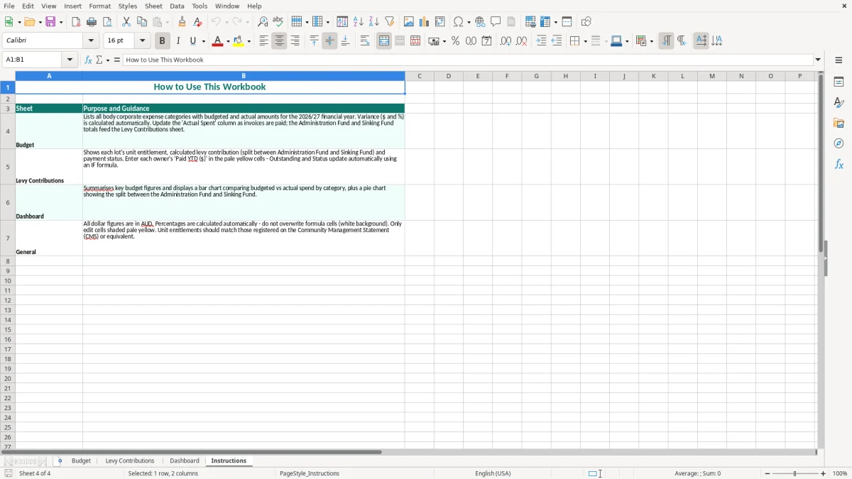 Screenshot 4: Instructions tab - Excel template body corporate budget excel spreadsheet australia