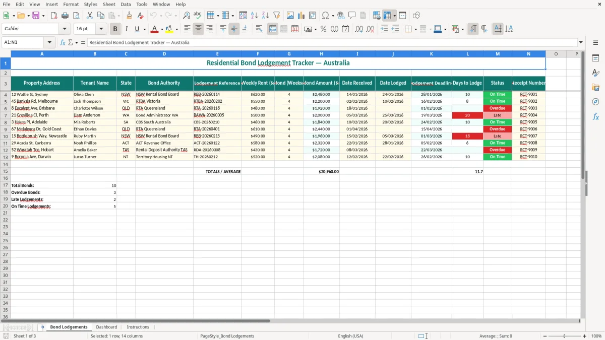 Screenshot 1: Bond Lodgements tab - Excel template bond lodgement tracker excel template australia