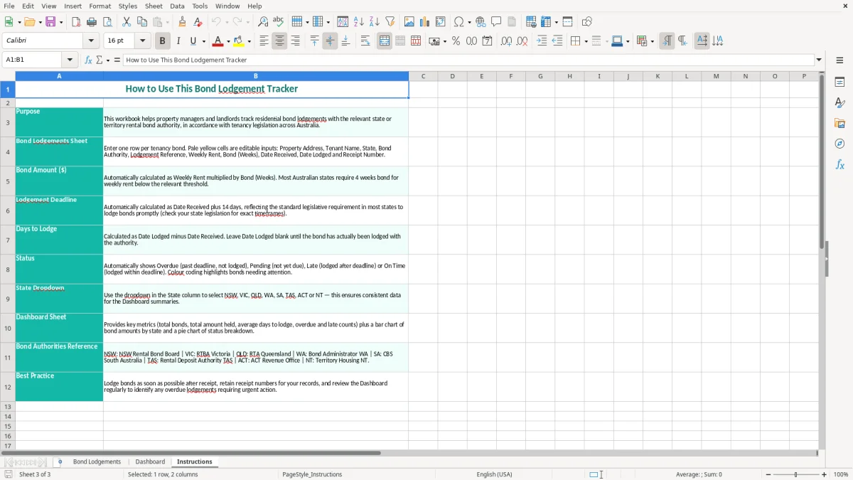 Screenshot 3: Instructions tab - Excel template bond lodgement tracker excel template australia